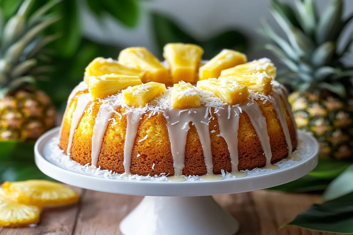 Whole pineapple pound cake with glaze and garnished with pineapple slices.