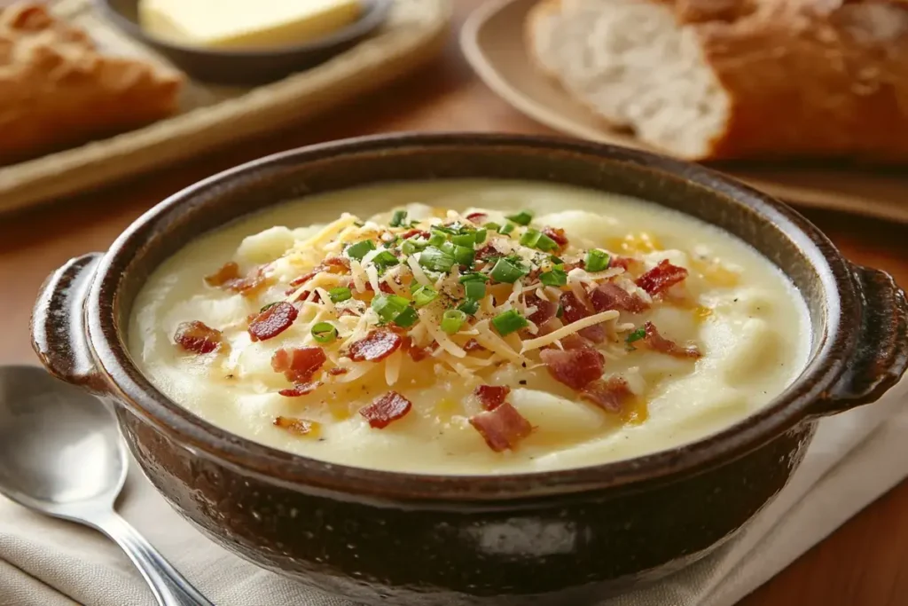 A bowl of creamy potato soup garnished with bacon, cheese, and green onions.