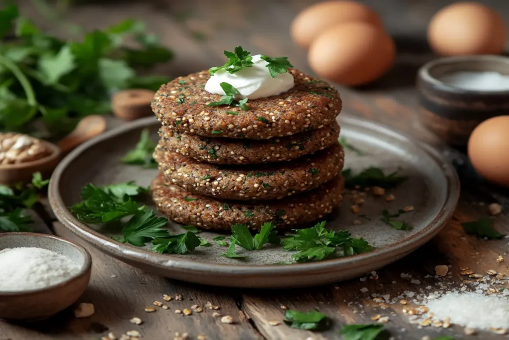 A plate of savory buckwheat cakes garnished with sour cream and parsley.