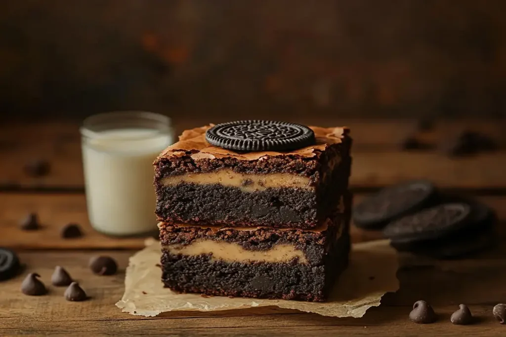 Stack of slutty brownies showing cookie dough, Oreo, and brownie layers.