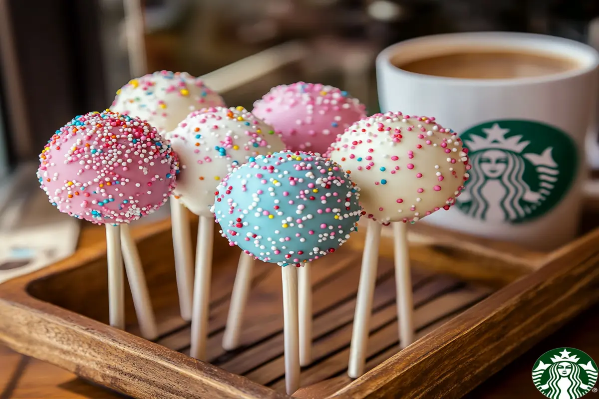 A tray of Starbucks-inspired cake pops with pastel frosting and sprinkles.