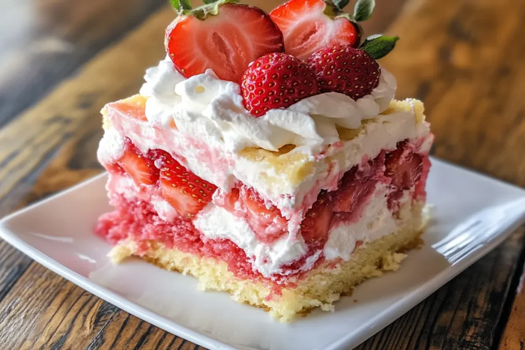 Strawberry poke cake topped with whipped cream and fresh strawberries.