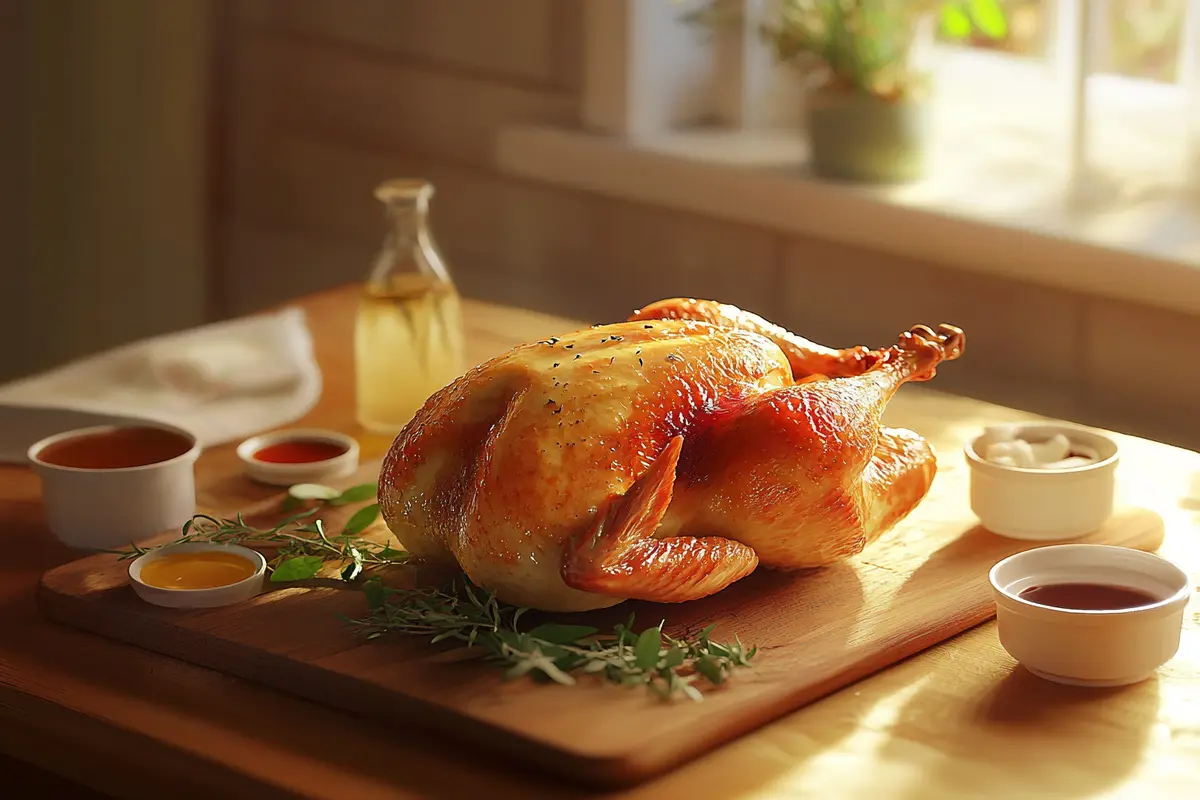 A roasted chicken surrounded by various types of vinegar and fresh herbs.