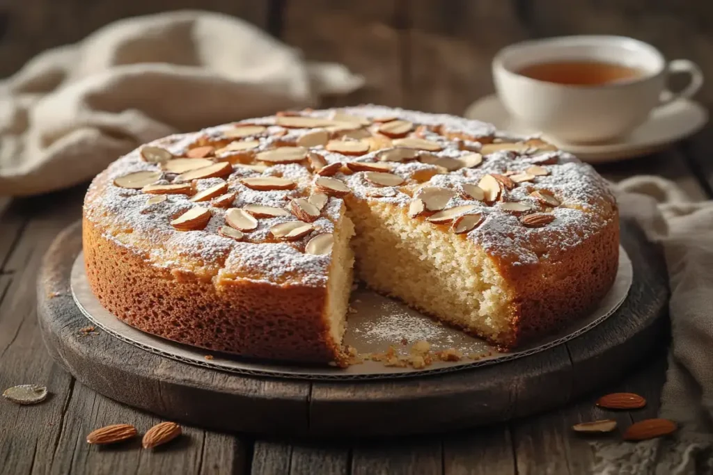 Almond nut cake topped with powdered sugar and toasted almonds.