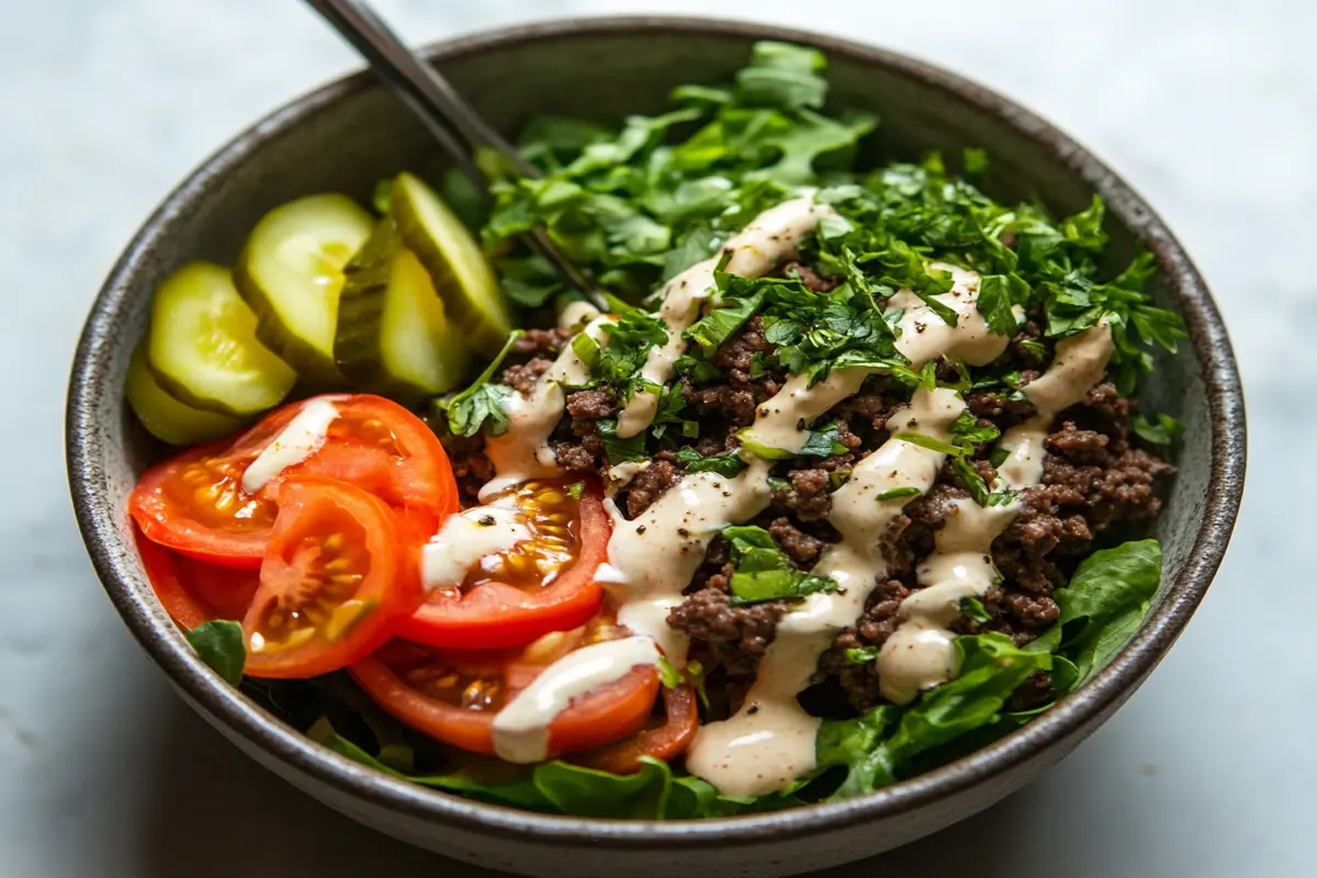 Burger bowl with greens, beef, tomatoes, pickles, and sauce.