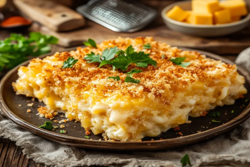 Paula Deen mac and cheese casserole with golden breadcrumbs and parsley.