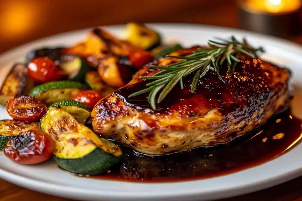 Glazed balsamic chicken with roasted vegetables on a rustic plate.