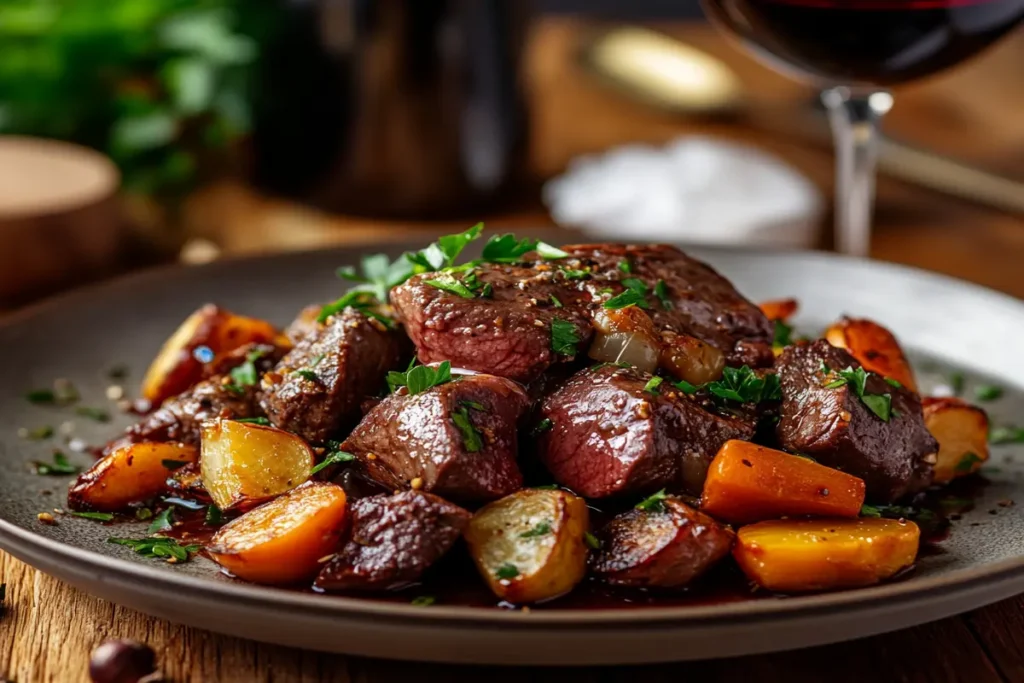 Plated Beef Heart Dish with Roasted Vegetables