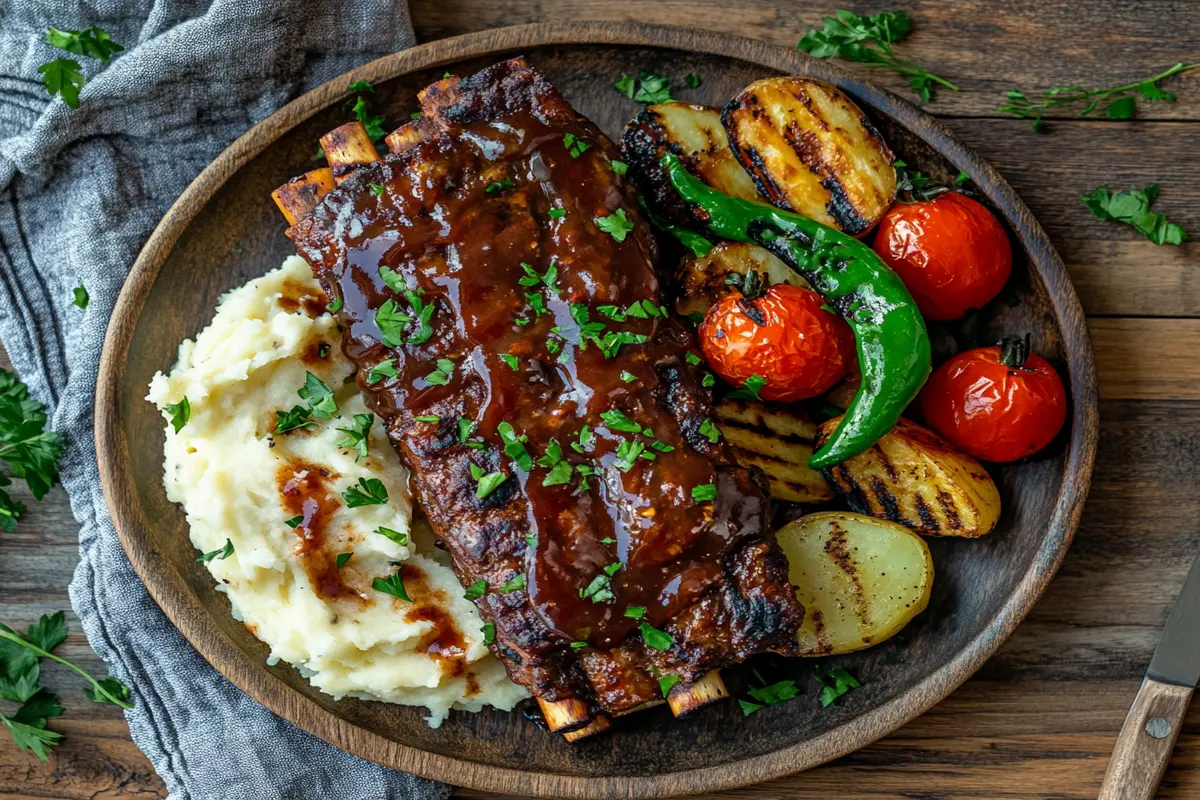 Glazed Boneless Beef Ribs with Mashed Potatoes and Vegetables