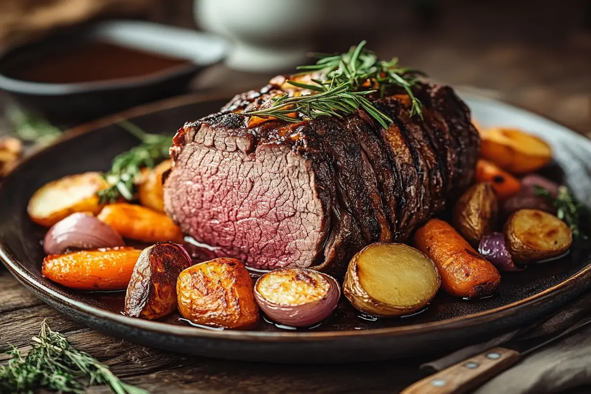 Sirloin tip roast plated with roasted vegetables and gravy.