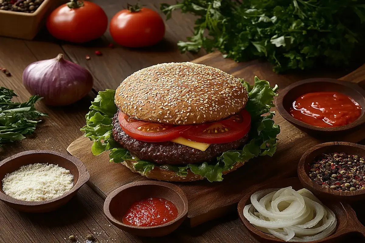 Gourmet bison burger on a wooden board with toppings.