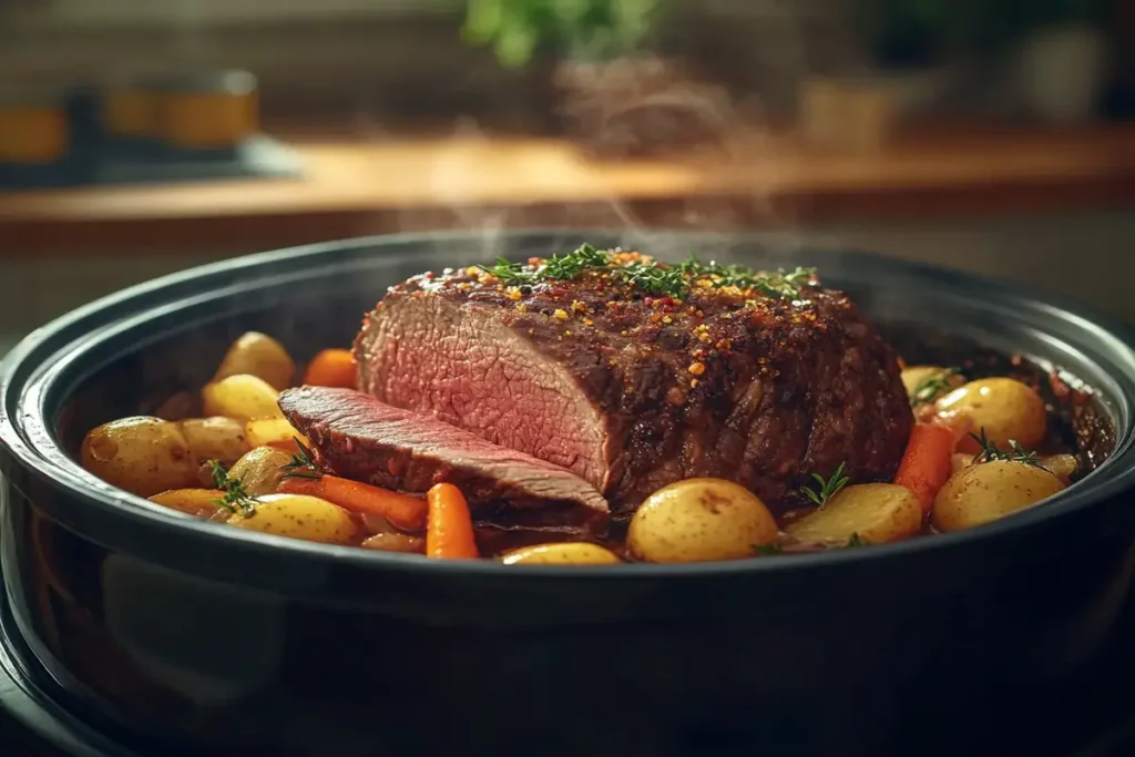 Tender Beef Sirloin Tip Roast with Vegetables in a Crock Pot