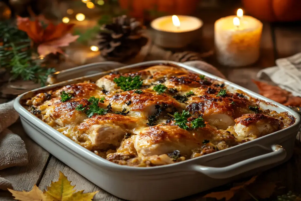 Golden-brown chicken and dressing served in a casserole dish with holiday decor."