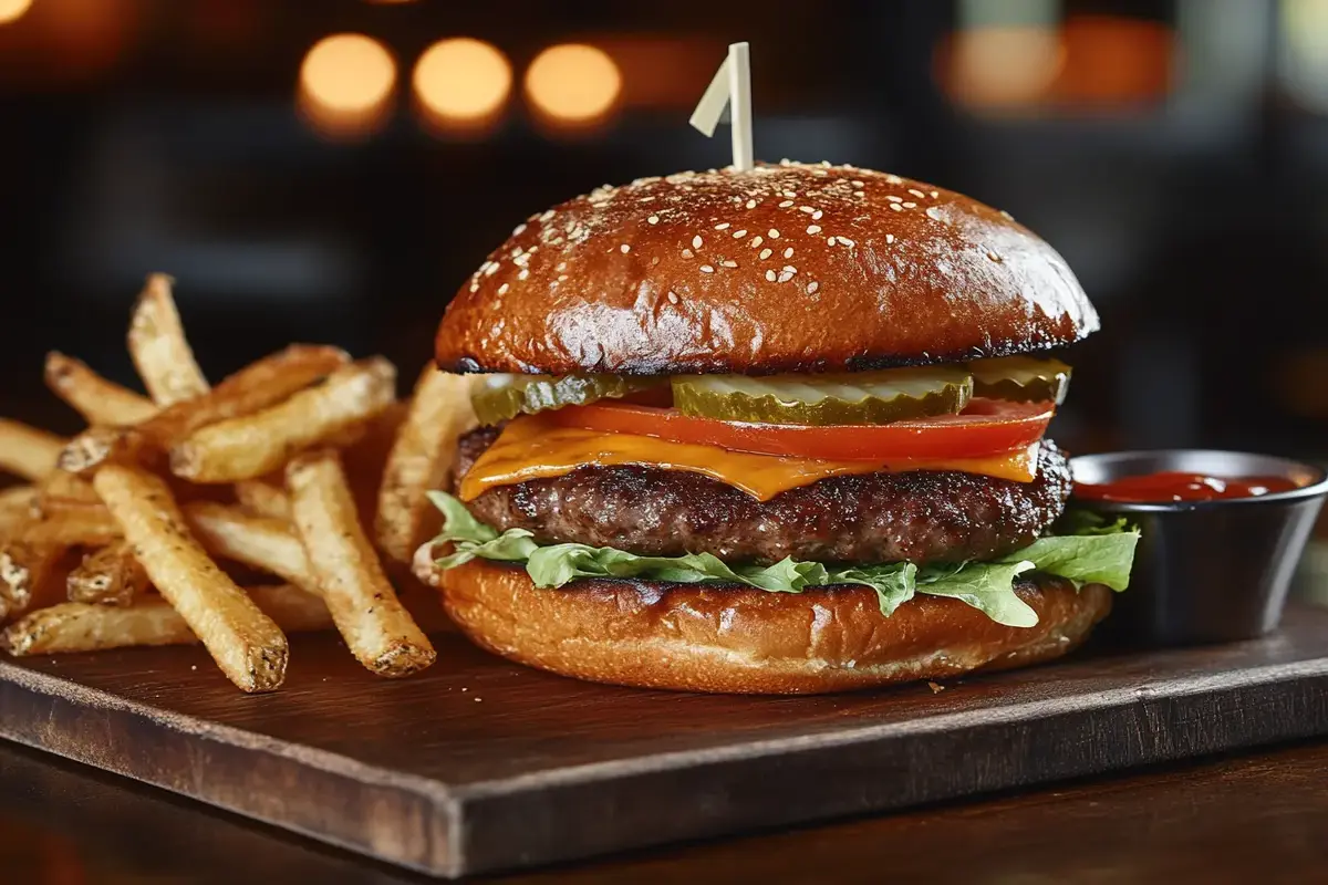 Juicy Classic Burger with Fries and Ketchup