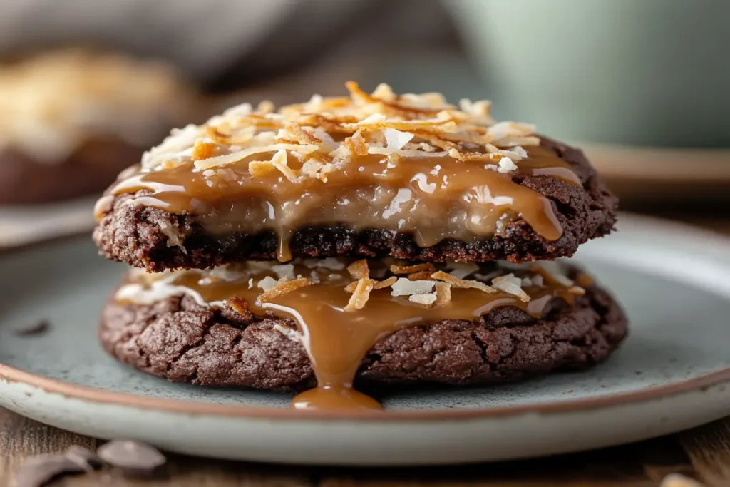 A plate of German Chocolate Cookies served with milk.

