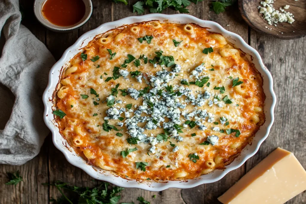 Baked buffalo mac and cheese casserole with blue cheese and parsley.