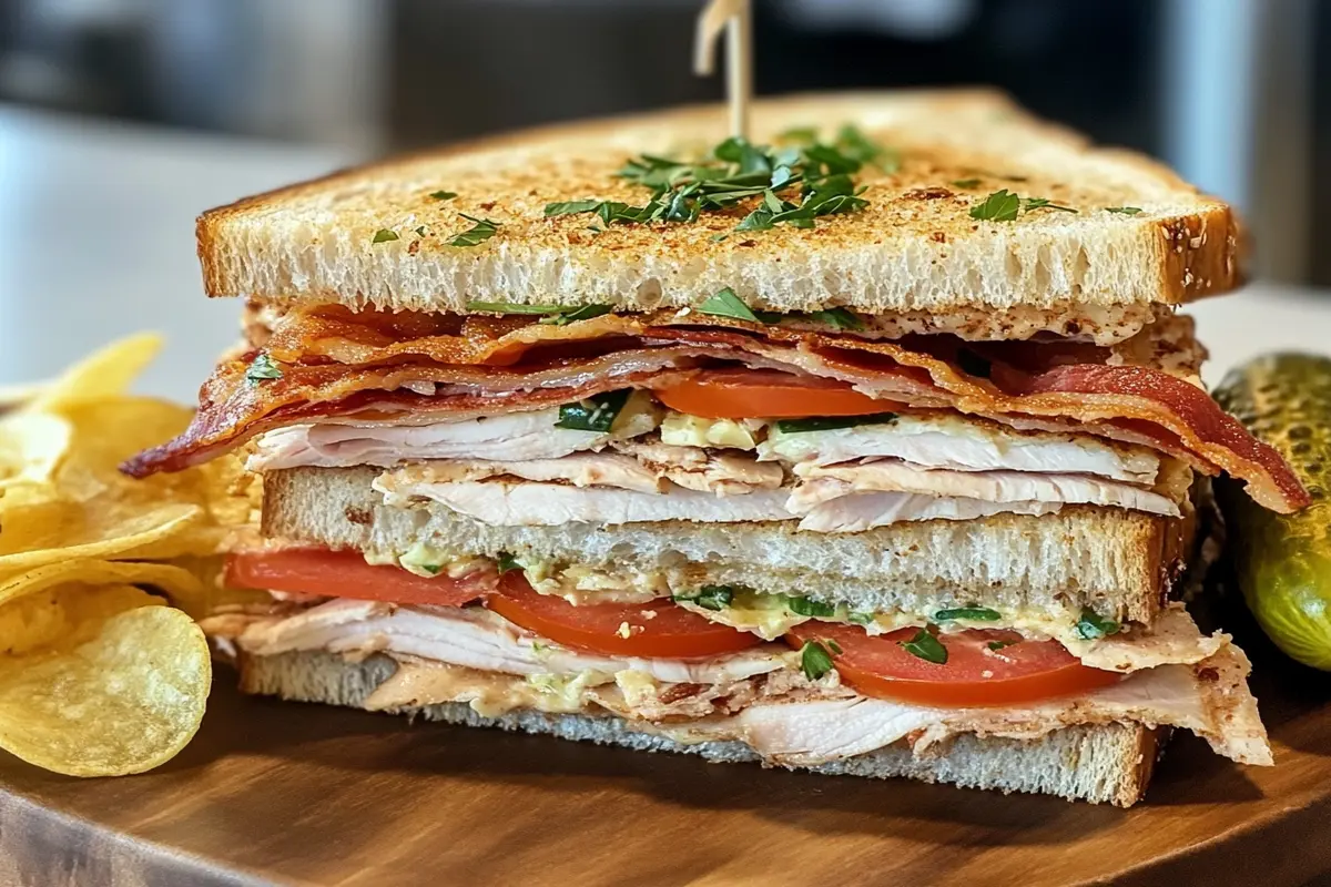 Club sandwich on wheat bread with fresh ingredients served with chips