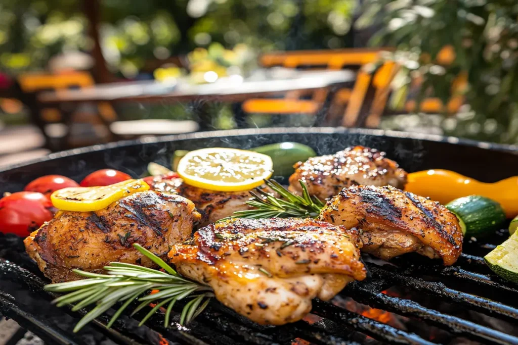 Golden-brown grilled chicken thighs with char marks and summer vegetables on the grill