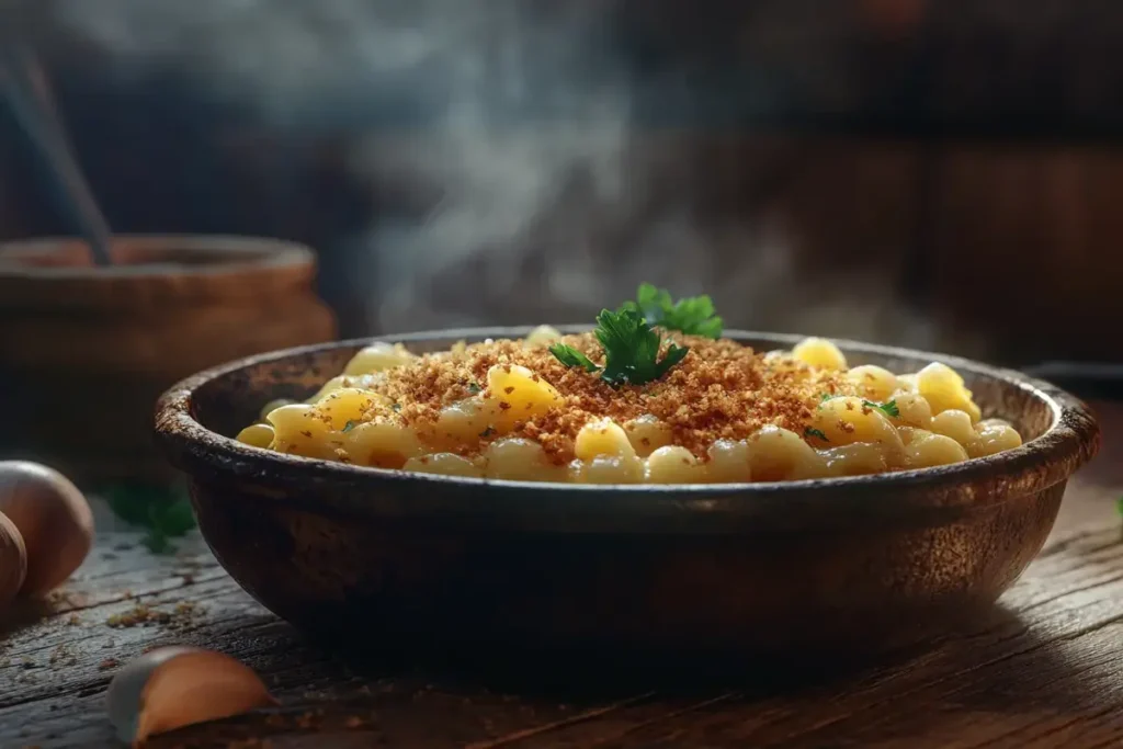 Baked Kraft Mac and Cheese in a festive casserole dish.