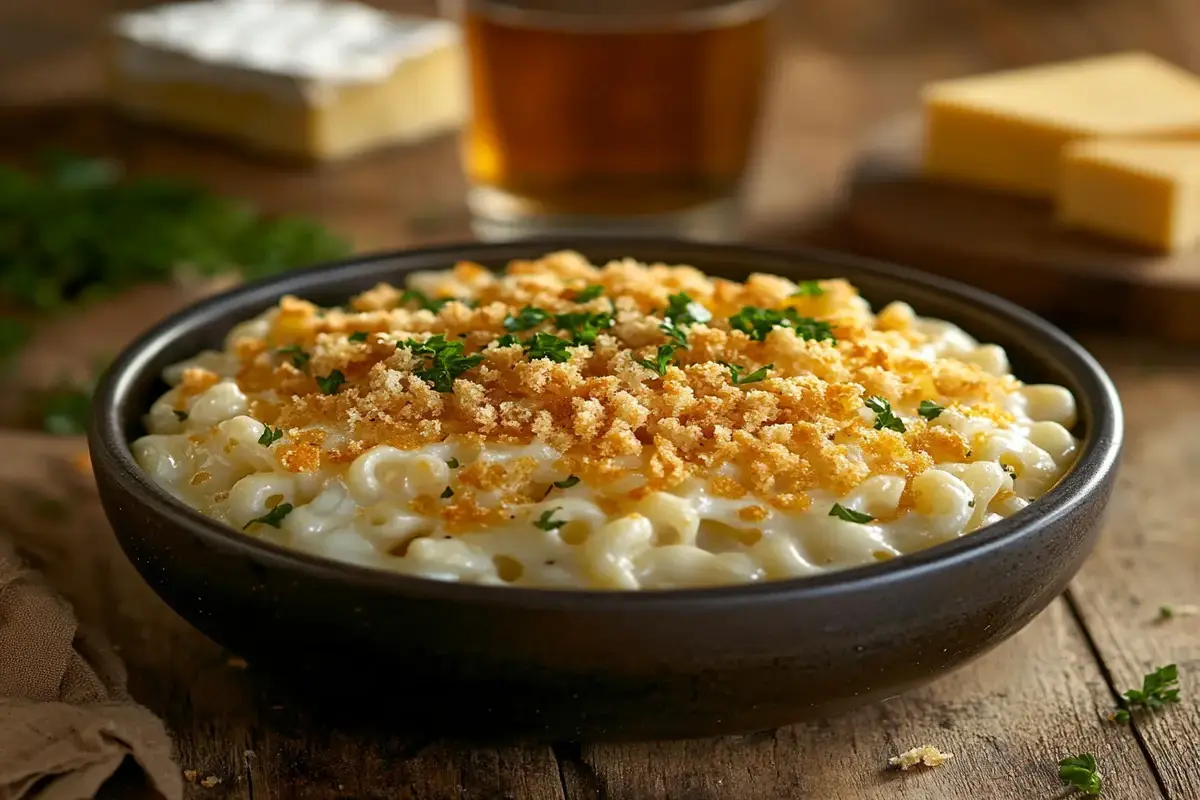 Tini’s mac and cheese topped with breadcrumbs, served in a bowl on a rustic table