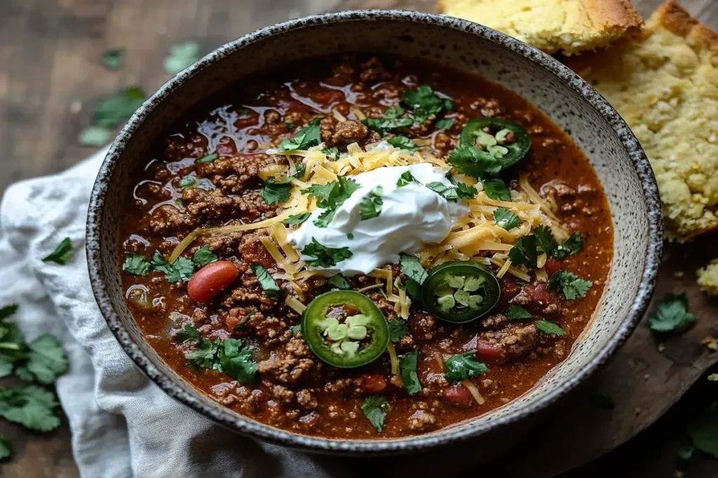 Bowl of Chili with Enchilada Sauce and Ground Beef