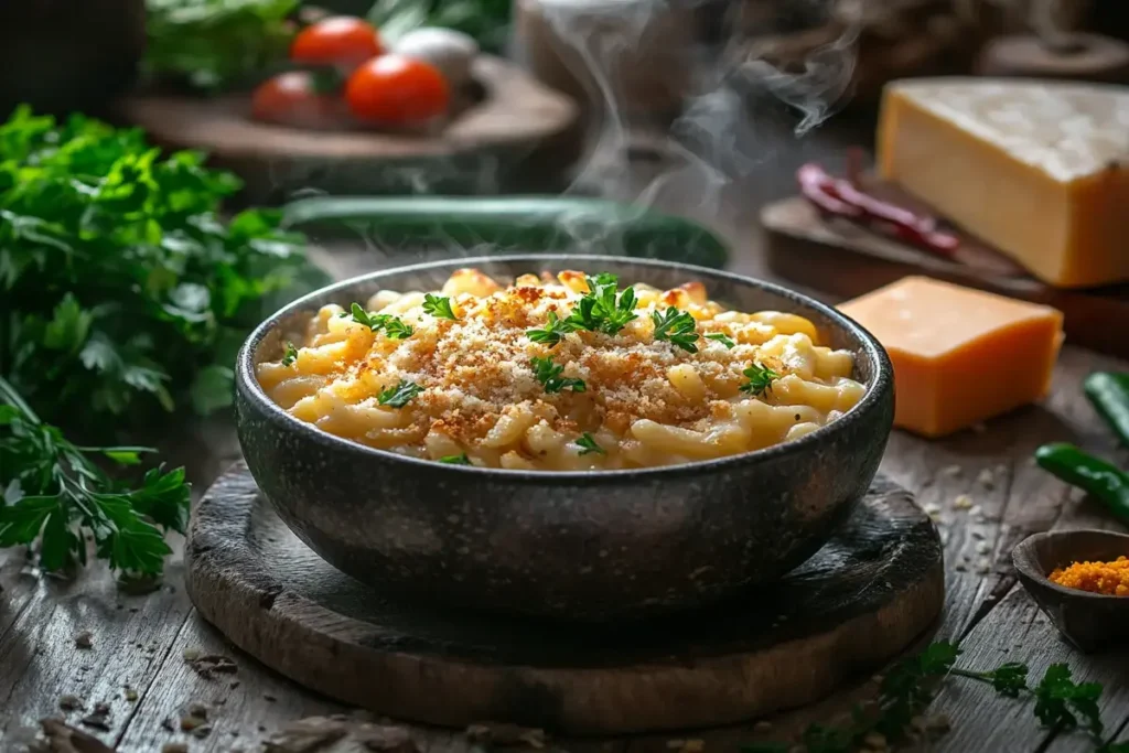 Bowl of healthy mac and cheese with golden breadcrumbs and parsley garnish