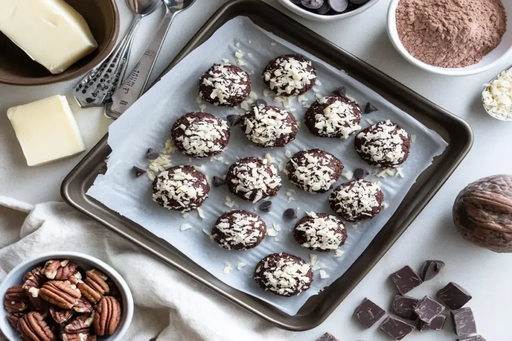 Ingredients for German Chocolate Cookies, including cocoa powder, coconut, and pecans.

