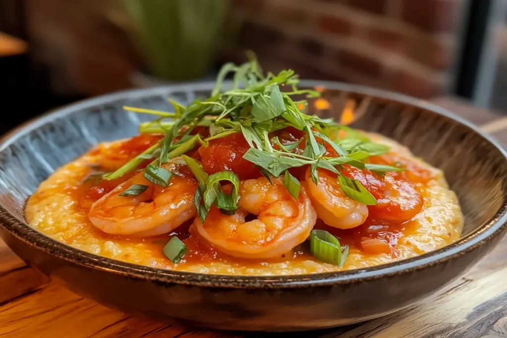 A bowl of shrimp and grits topped with Rotel sauce, garnished with green onions.