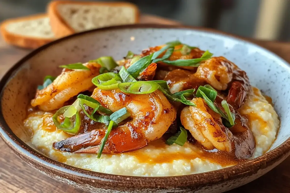 A bowl of New Orleans shrimp and grits with Cajun shrimp and creamy grits.