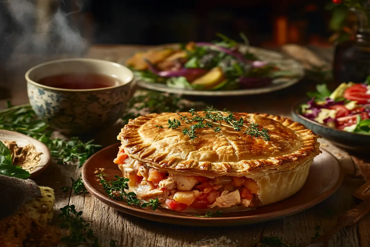 A golden-baked chicken pot pie with a flaky crust on a rustic table.