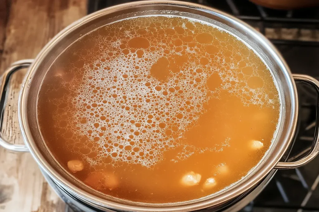 A pot of chicken bone broth simmering on the stovetop with visible vegetables and herbs.