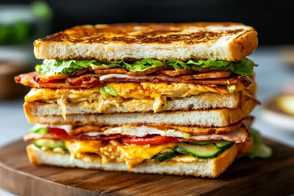 A Subway Club Sandwich with fresh ingredients on a wooden cutting board.