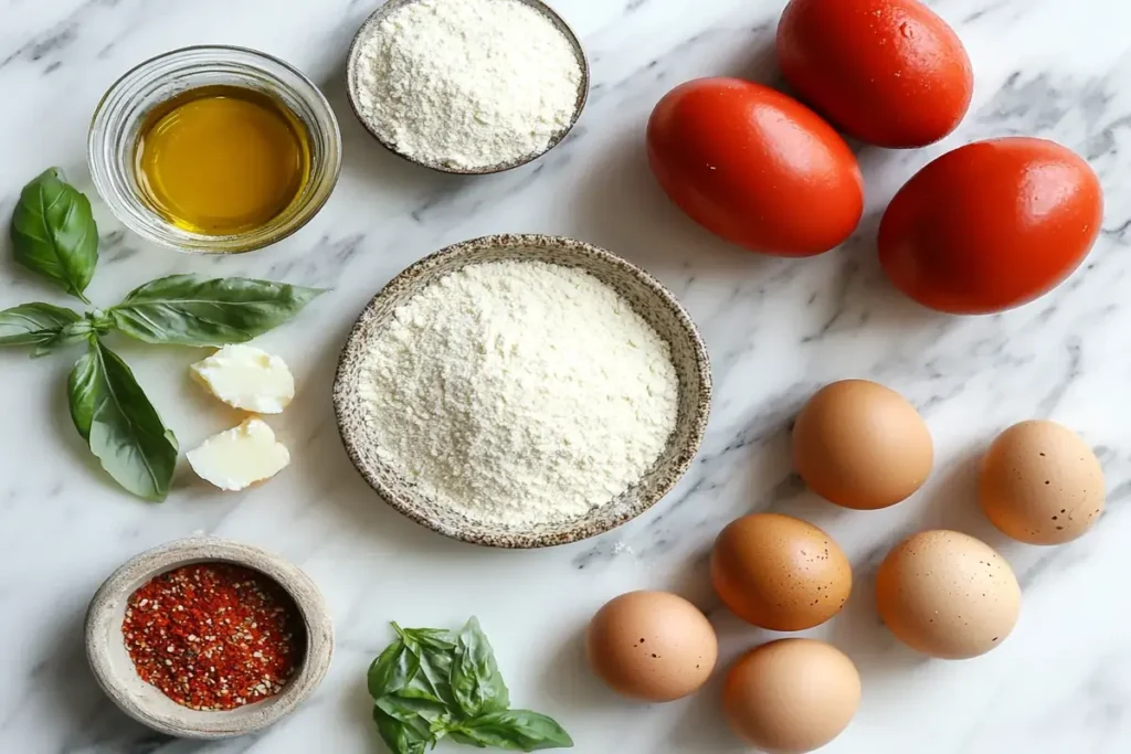  Ingredients for almond flour pizza crust, including almond flour, eggs, and cheese.