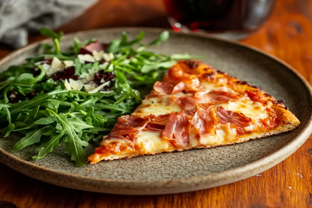  A slice of almond flour pizza topped with arugula and prosciutto.