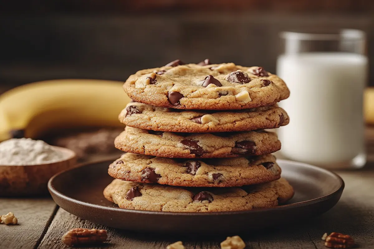 A stack of freshly baked Banana Bread Cookies with chocolate chips on a wooden table.