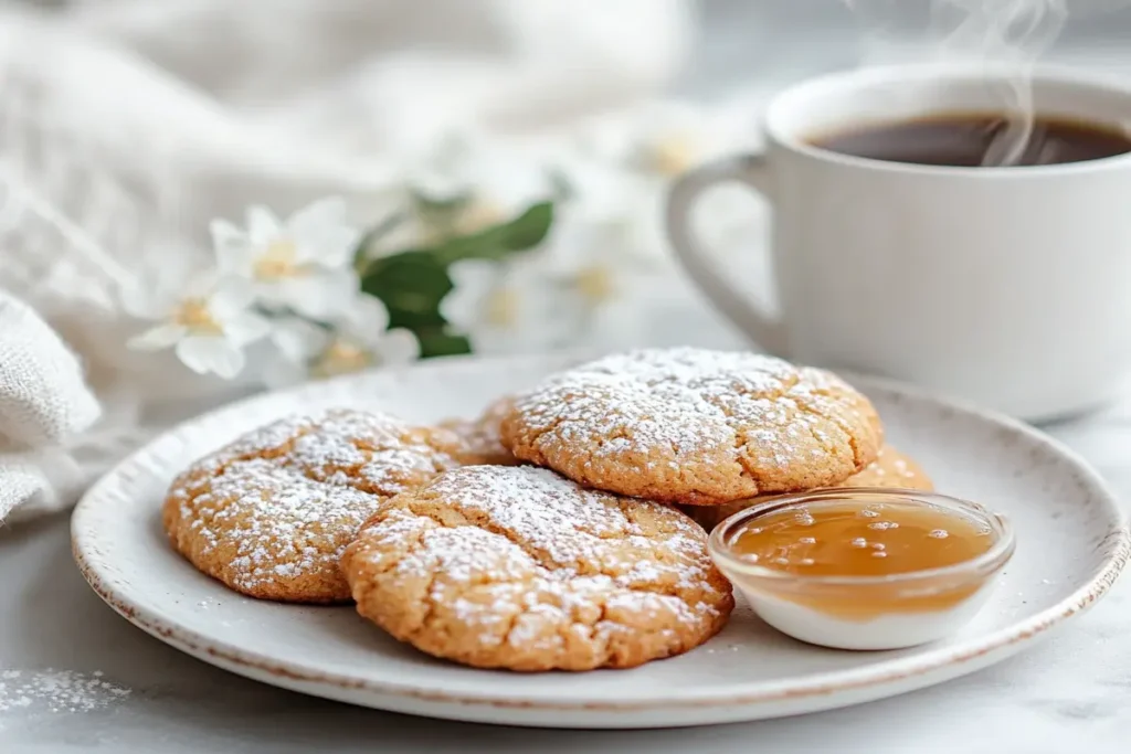 Banana Bread Cookies served with coffee and honey on a plate