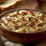 Creamy potato soup with cheese, bacon, and chives in a ceramic bowl.