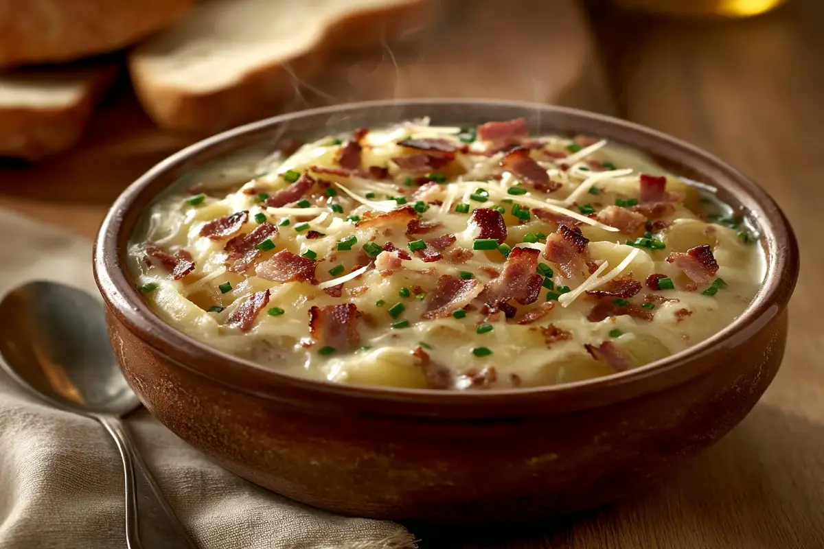 Creamy potato soup with cheese, bacon, and chives in a ceramic bowl.