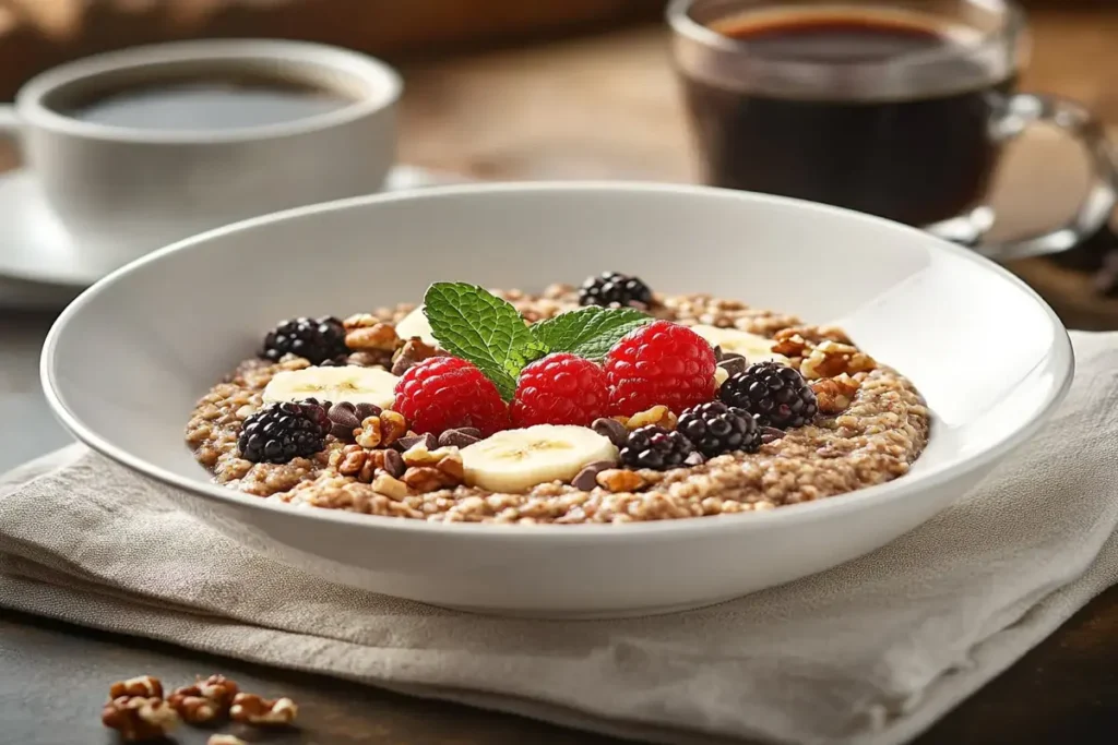 Cocoa banana oatmeal served with berries and crushed nuts in a cozy breakfast setting.