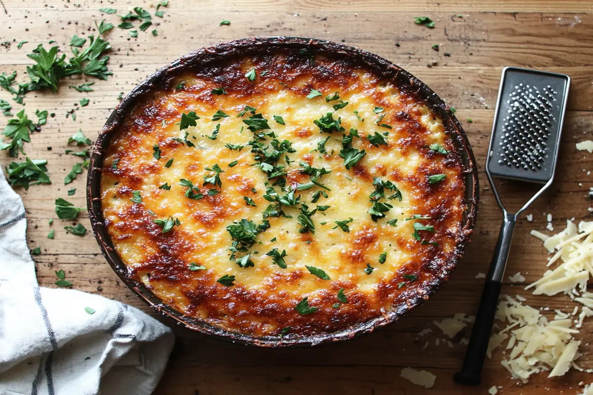 Golden baked 3 cheese mac and cheese in a casserole dish.