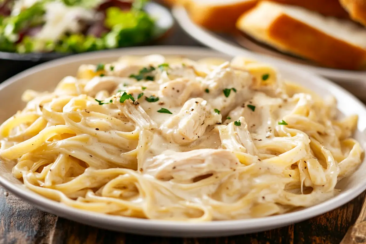 Crockpot Chicken Alfredo served with garlic bread