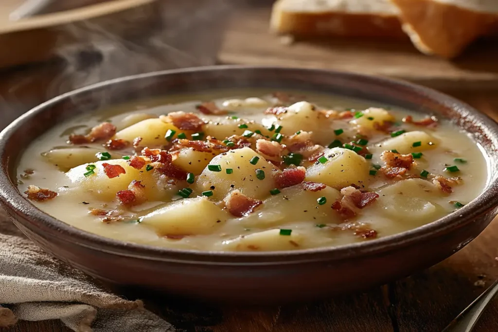 Bowl of creamy potato soup topped with chives and bacon.