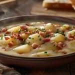 Bowl of creamy potato soup topped with chives and bacon.