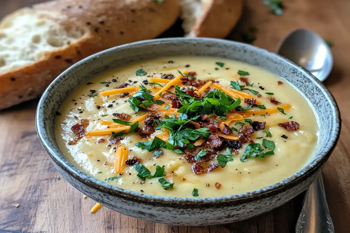 A bowl of creamy potato soup topped with parsley, bacon, and cheddar.