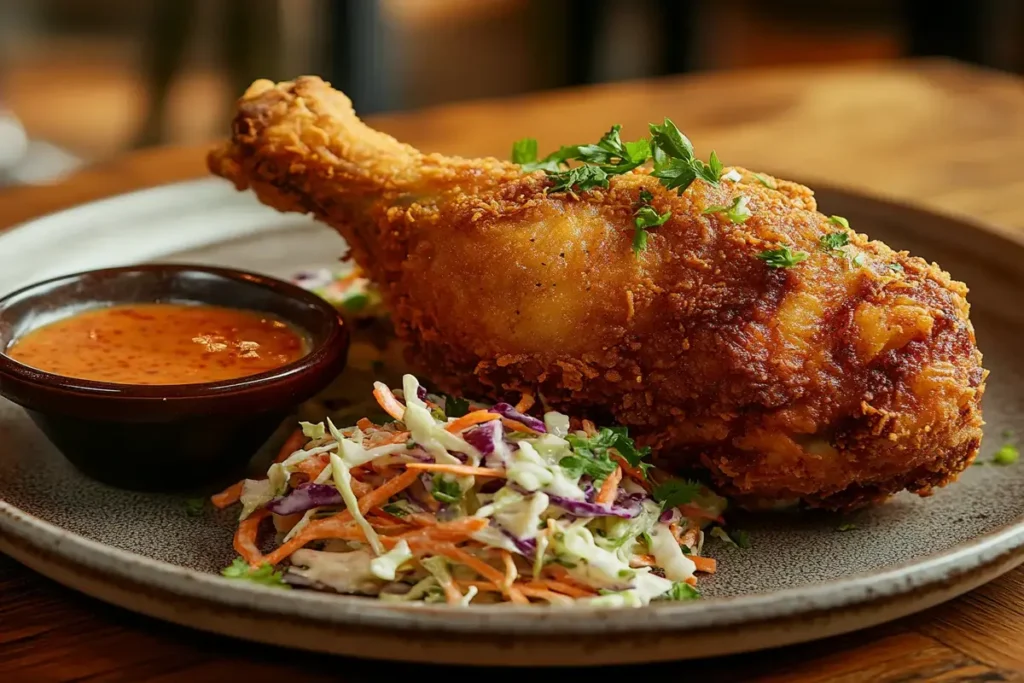 Golden fried chicken leg served with coleslaw and dipping sauce.