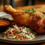 Golden fried chicken leg served with coleslaw and dipping sauce.