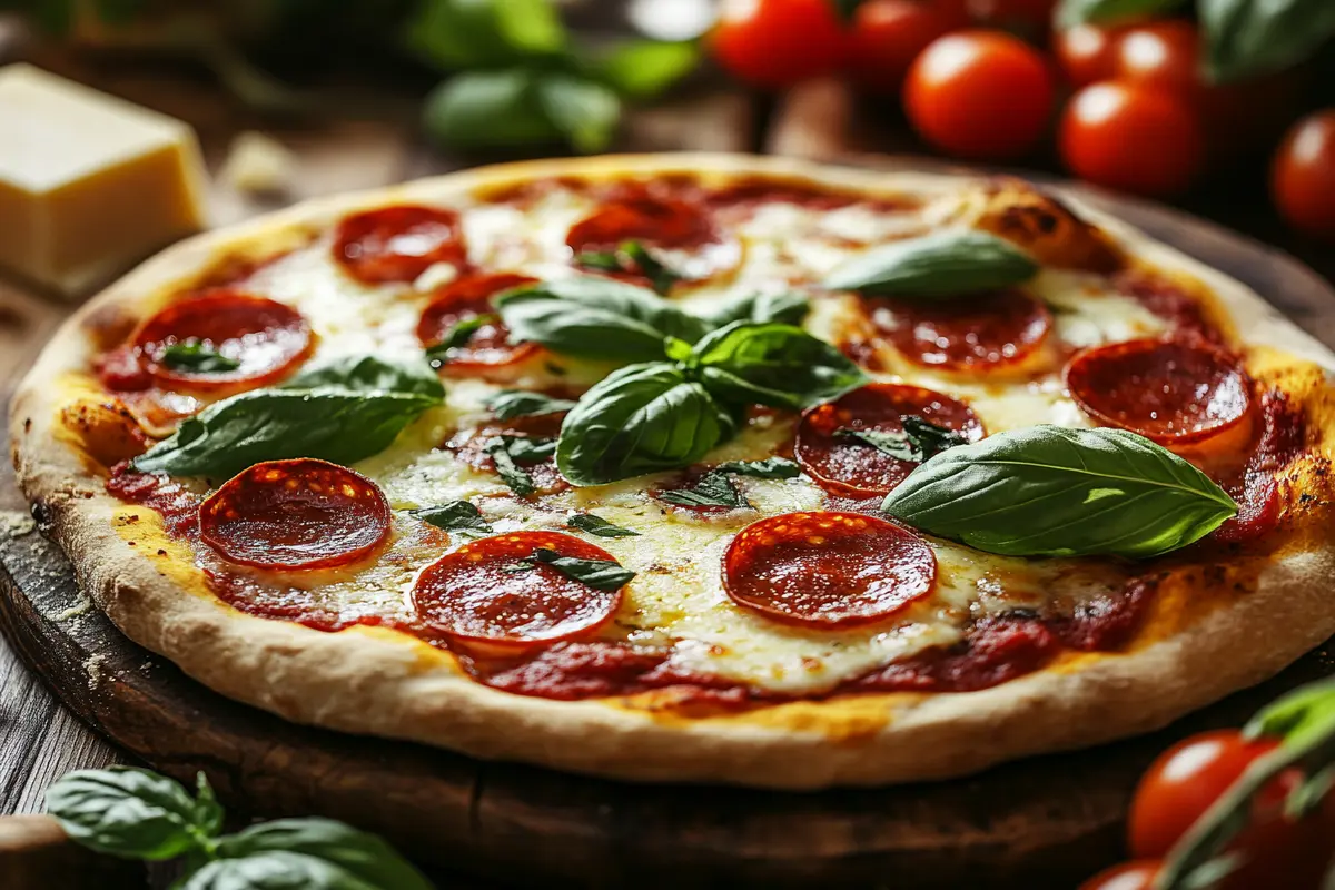 A freshly baked almond flour pizza crust topped with mozzarella and pepperoni.