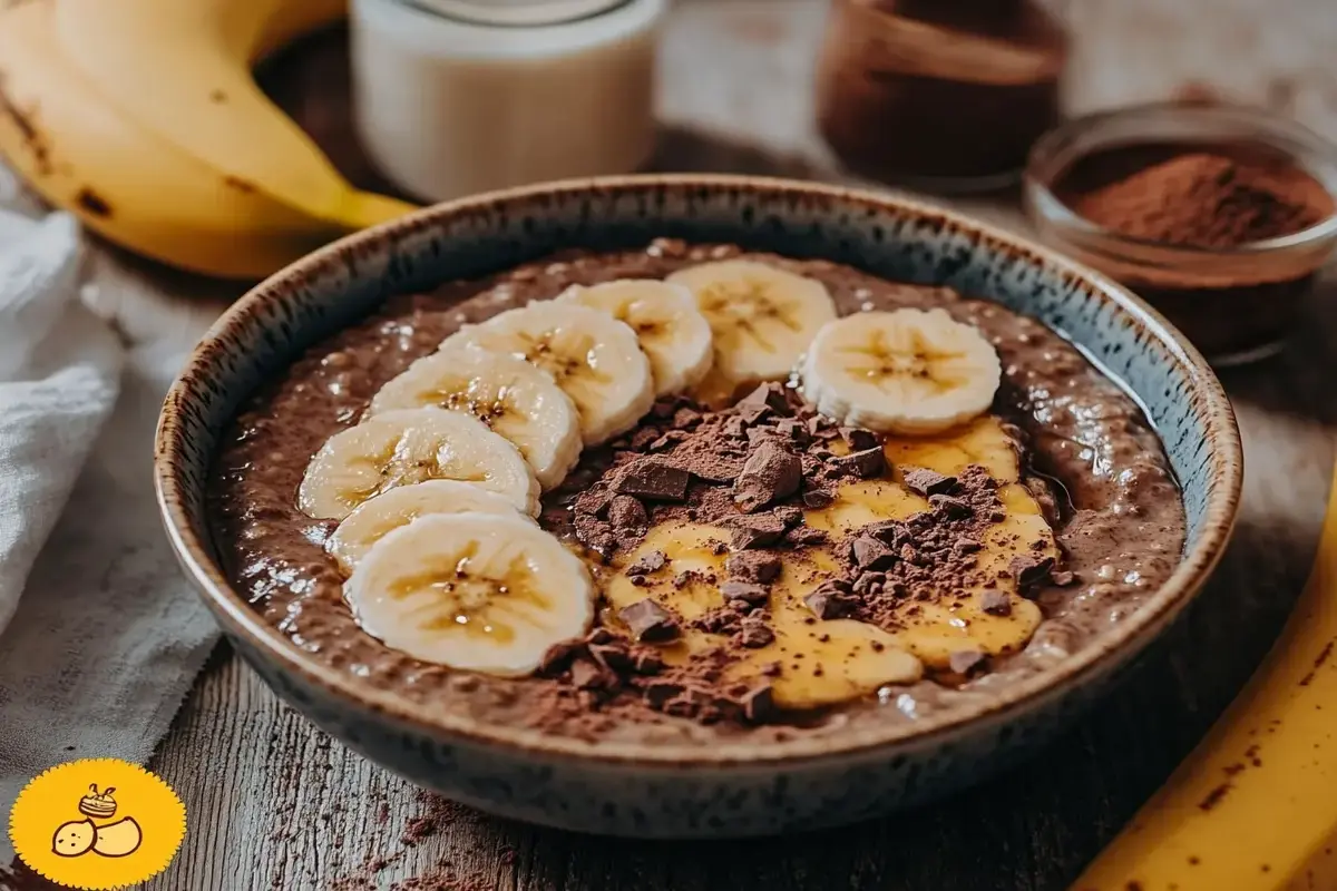 A bowl of cocoa banana oatmeal topped with banana slices, honey, and cocoa powder.