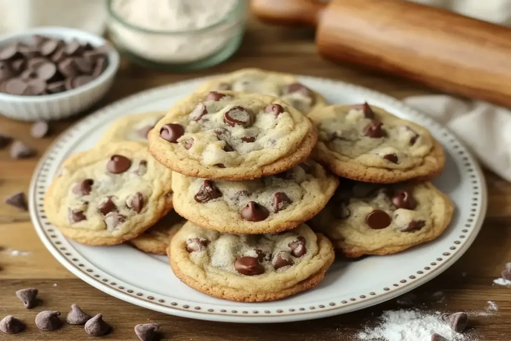 A plate of Hershey chocolate chip cookies with melted chocolate.