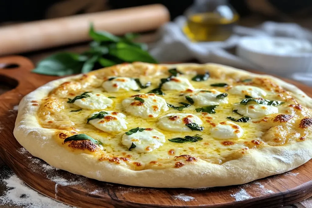 A homemade pizza with a golden crust made from King Arthur pizza dough.